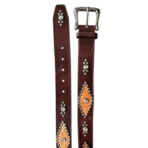 Vtg GUESS Leather Belt Big Buckle Studded Rhinestone Brown Y2K